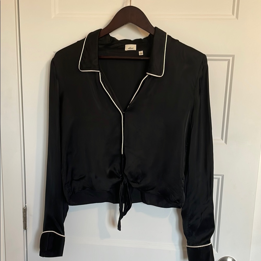 Aritzia Black Satin Blouse with White Trim